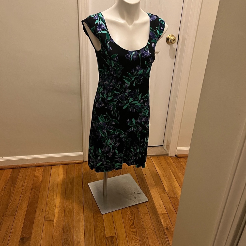 Ann Taylor Black Midi Dress with Green and Purple Floral Pattern